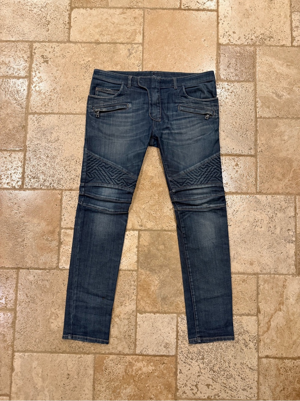 Balmain Moto Pattern Biker Blue Stone Wash Denim Jeans
